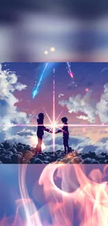 Anime silhouettes under a vibrant sky with stars.