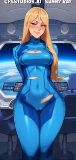 Anime character in futuristic blue spacesuit