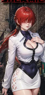 Futuristic anime character with red hair in an urban setting.