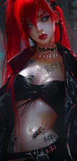 Anime style character with red hair and tattoos.