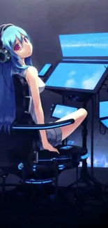 Anime girl in futuristic tech room with blue screens and sleek design.