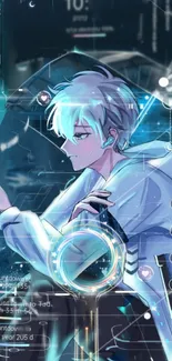 Futuristic anime wallpaper with a tech theme in cool blue hues.