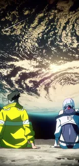 Futuristic anime characters gaze at Earth from space, creating a cosmic scene.