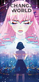 Futuristic anime wallpaper with pink hues and a dreamlike digital landscape.