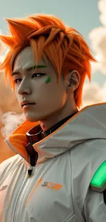 Futuristic anime character with orange hair in dynamic scene.