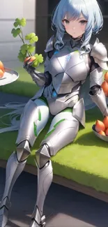 Futuristic anime warrior with silver armor holding fruits.