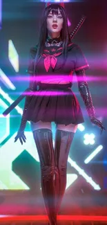 Futuristic anime warrior in neon cyberpunk scene.