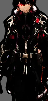 Anime warrior in black armor with futuristic accents on a gray background.