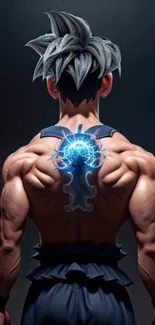 Futuristic anime warrior with energy pulse and muscular back view.