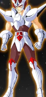 Anime warrior in futuristic armor on a cosmic background.