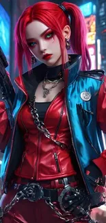 Anime warrior girl in vibrant cyberpunk setting with red and blue attire.