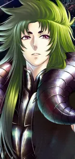 Anime warrior with green hair and metallic armor on a cosmic background.