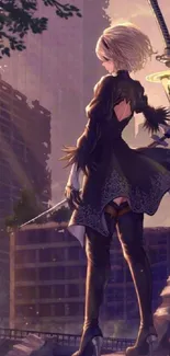 Anime warrior stands in a futuristic, ruined cityscape with a sword, exuding strength.