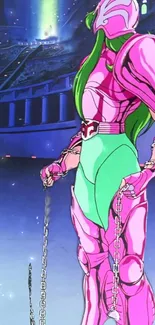 Anime warrior in pink armor with neon colors.