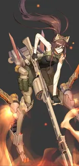 Futuristic anime warrior with sniper and flames.