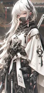 Futuristic anime warrior with white and black attire, set in a detailed backdrop.