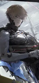 Anime warrior with futuristic armor in a sci-fi setting.