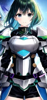 Anime warrior in futuristic armor with vibrant blue background.