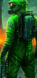 Green hazmat figure in apocalyptic fiery landscape.