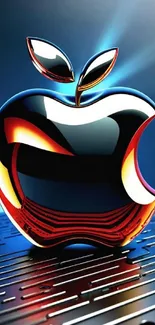 Futuristic Apple logo with vibrant metallic colors on a sleek background.