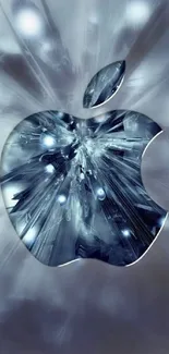 A futuristic Apple logo with a glass-like effect and cool blue tones.