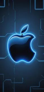 Neon blue Apple logo on a dark tech background.