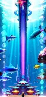 Futuristic underwater aquarium with vibrant marine life and neon-lit structures.