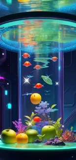 Futuristic aquarium with neon lights and floating fruit design in vibrant colors.