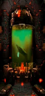 Futuristic green whale in a cybernetic aquarium wallpaper.