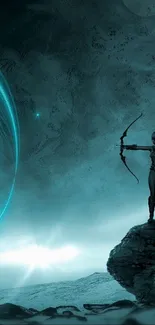 Futuristic archer aiming in a galaxy landscape wallpaper.