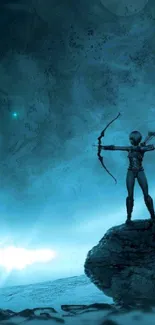 Futuristic archer aiming at portal on alien landscape.