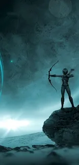 Epic sci-fi archer poised on a rock against a teal celestial backdrop.