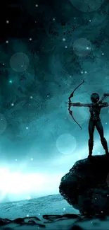 Futuristic archer stands against glowing cosmic vortex.