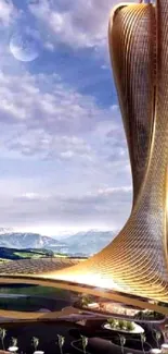 Futuristic golden skyscraper with mountain view