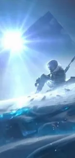 Futuristic arctic explorer in icy terrain, under a radiant blue glow.