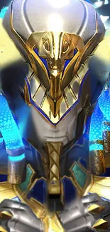 Futuristic robot armor in gold and blue.