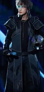 Performer in futuristic armor on stage with blue lighting.