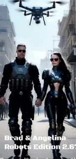 Futuristic couple in armor walking in a city with drone overhead.