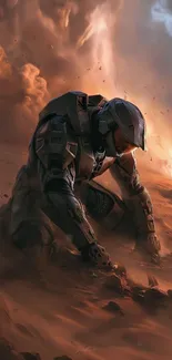 A lone armored figure in a futuristic desert storm setting.