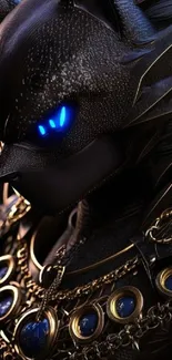 Futuristic armor-clad creature with glowing blue eyes on dark background.