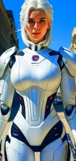 Futuristic female robot in white armor on a street.