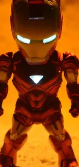 Futuristic armor figure with glowing eyes in an orange background.