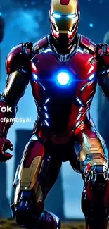 Futuristic armor hero standing strong.