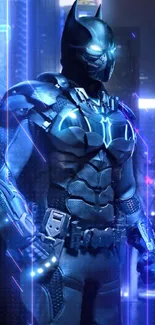 Futuristic armor hero in neon city wallpaper.