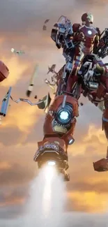 Iron Man flies through clouds in epic action scene.