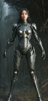 Futuristic armored figure stands in a mystical forest.