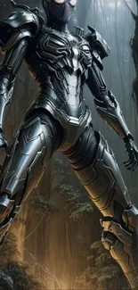 Futuristic armored figure in a mystic forest setting.