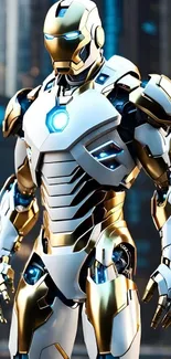 Futuristic armor with gold and white colors, perfect for modern wallpaper enthusiasts.