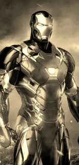 Futuristic armor in sepia tones with dramatic background.