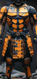 Futuristic orange armored suit with a dark background.